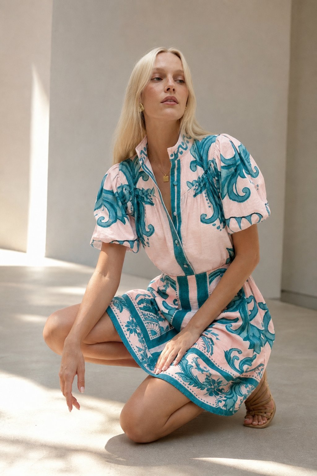 Floral linen blend puff sleeve two-piece set, detail view 4