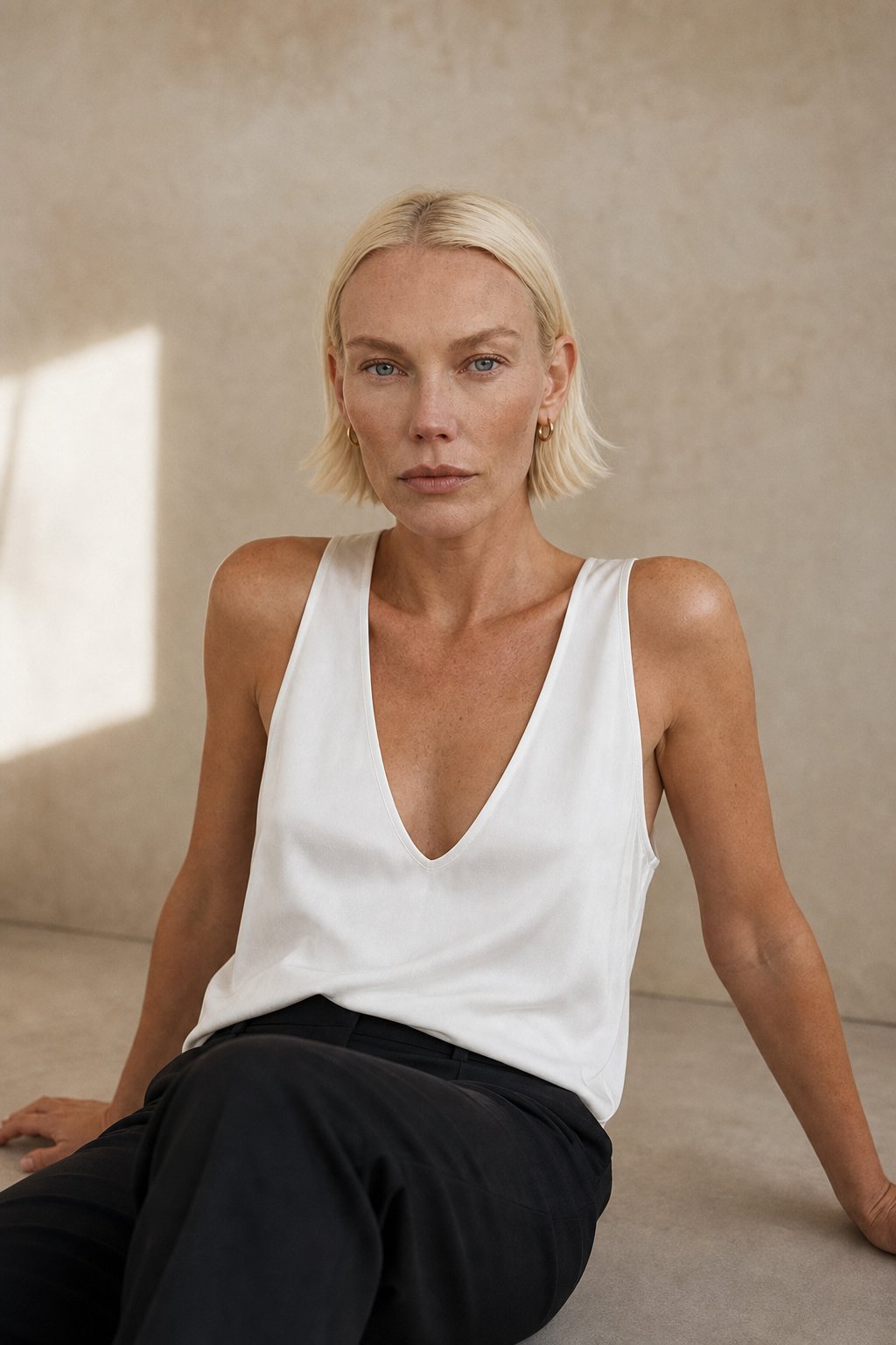 Draped U-neck satin tank top in White