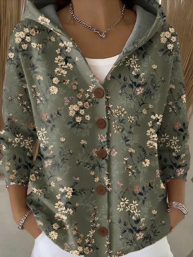 Farverig Patchwork Cardigan med Hætte til Damer – på model