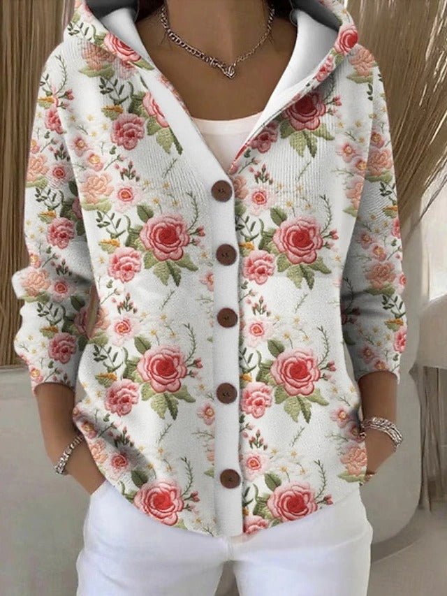 Farverig Patchwork Cardigan med Hætte til Damer – stofdetalje