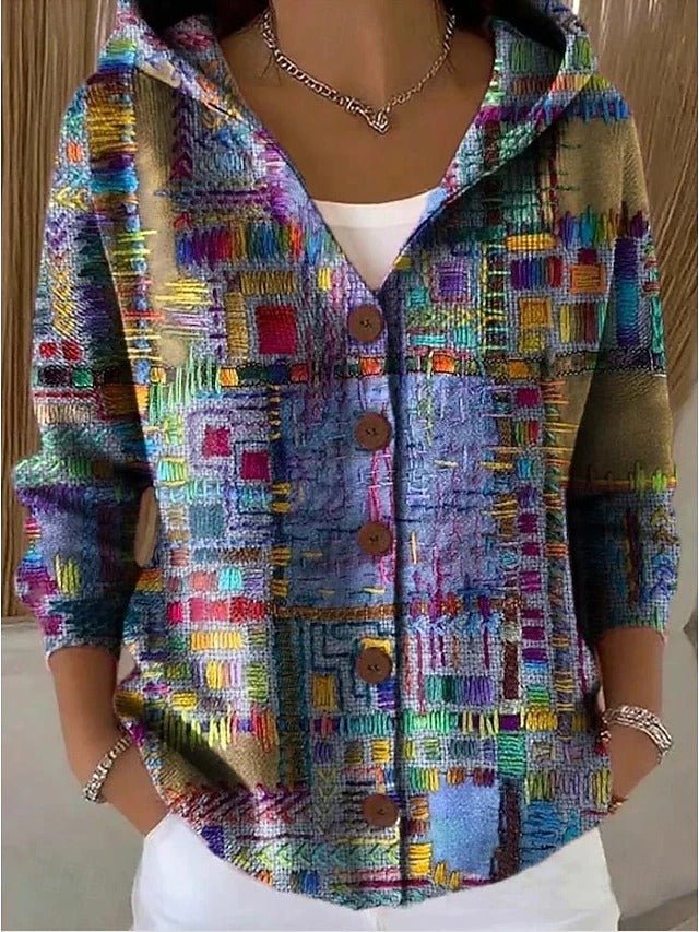 Farverig Patchwork Cardigan med Hætte til Damer – set forfra