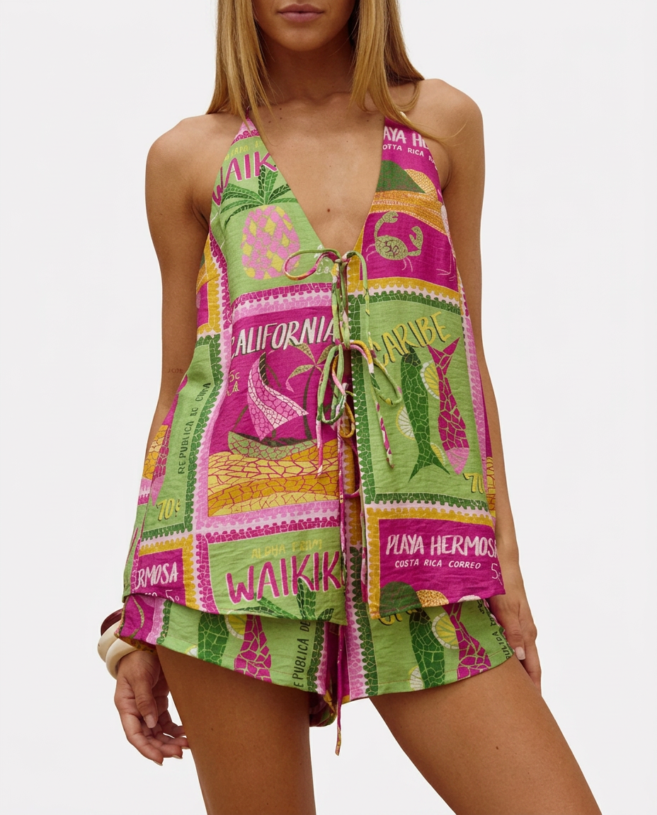 Colour-block lace-up shorts set in Patchwork