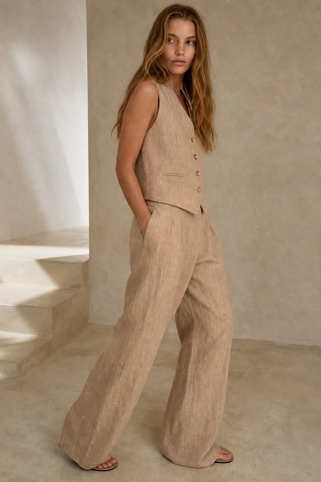 Linen blend vest and trouser set, detail view 1