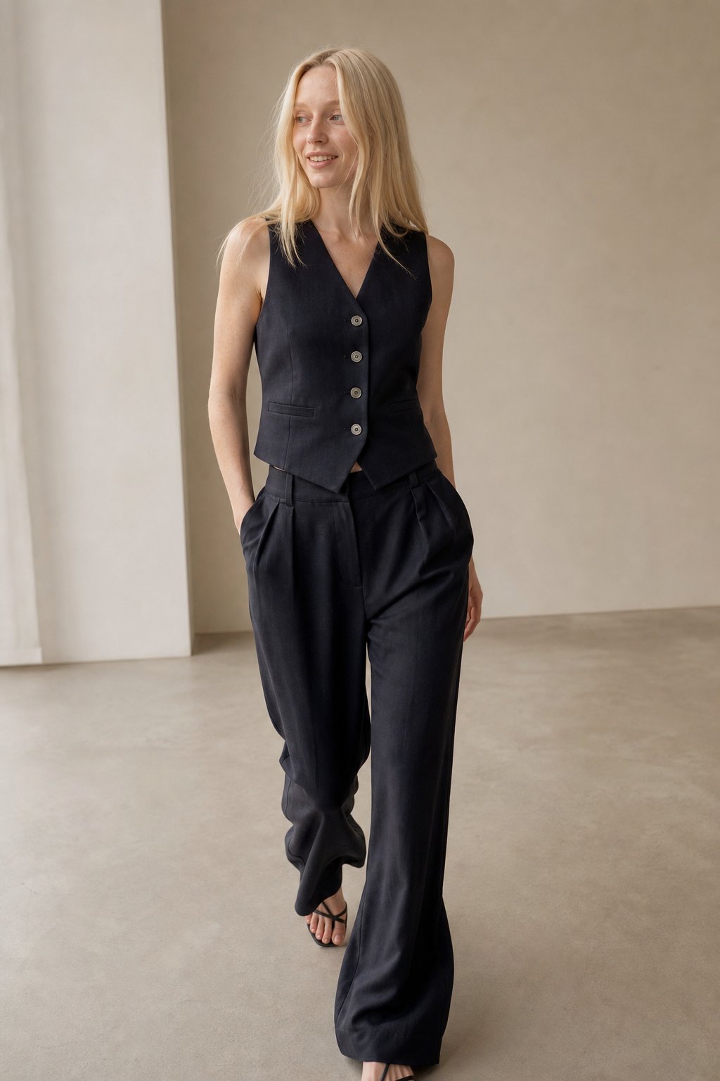 Linen blend vest and trouser set in Black
