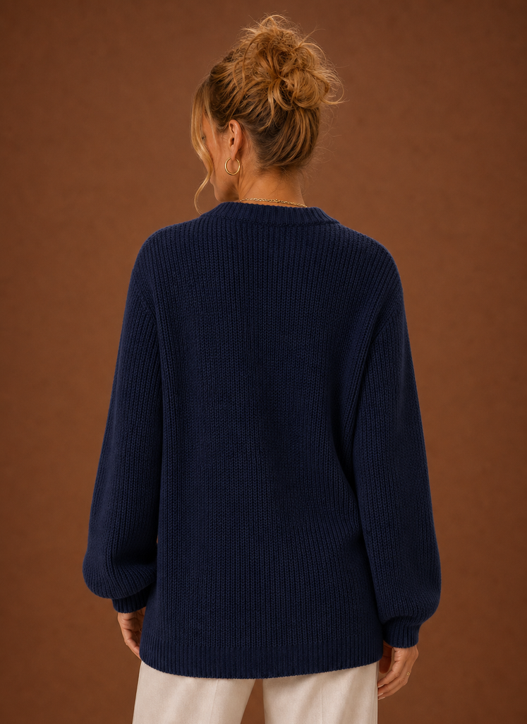 V-hals cardigan i marineblå set bagfra