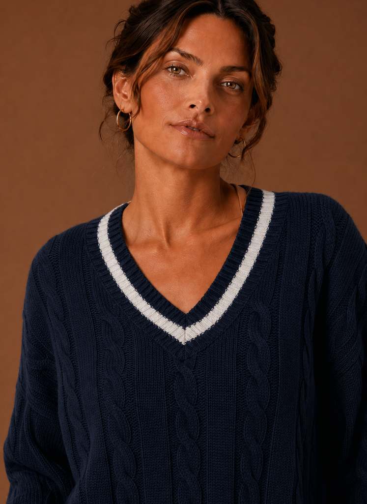 Nærbillede af kabelstrikmønsteret på den marineblå sweater
