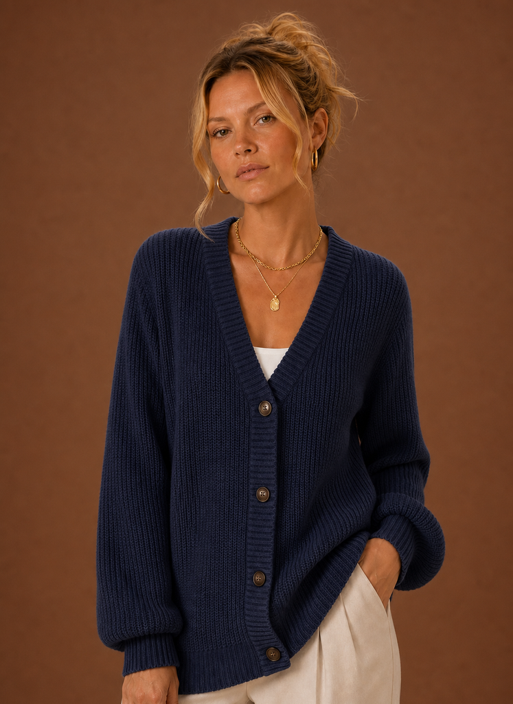 V-hals cardigan i marineblå set forfra