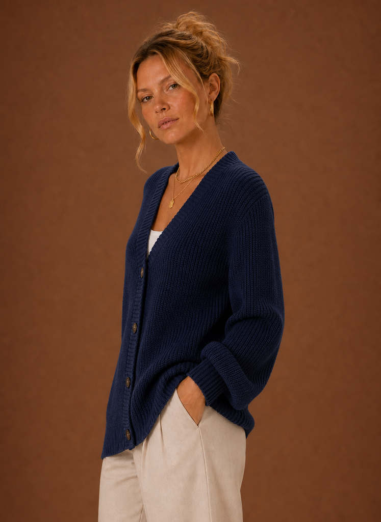 V-hals cardigan i marineblå set fra siden