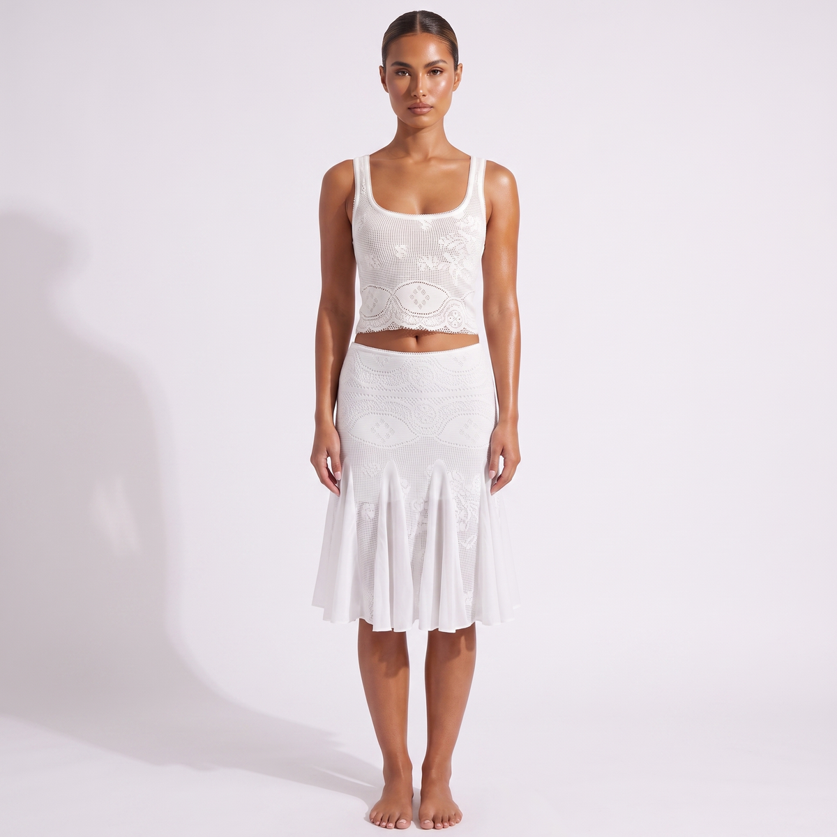 White square-neck crop top and fishtail midi skirt set