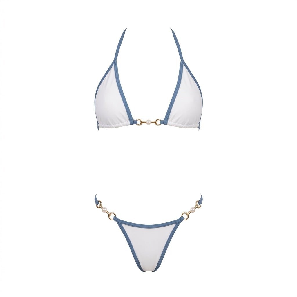 Halter triangle bikini with pearl chain detail in White