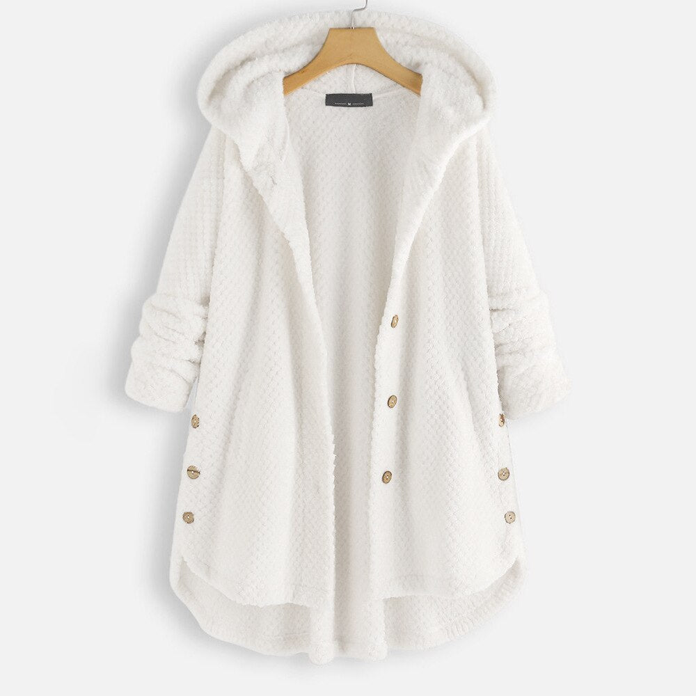 Oversized teddy jakke med hætte til damer i hvid, set bagfra
