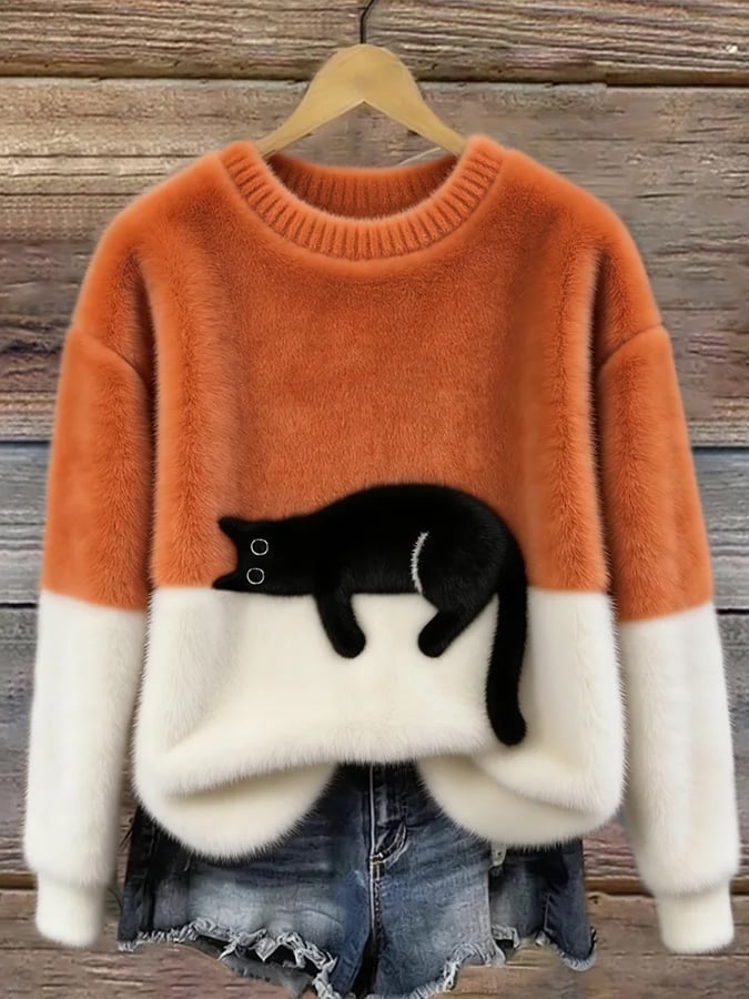Afslappet Sweater med Kattemotiv til Damer – set forfra