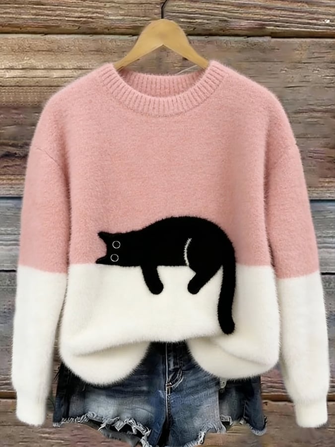Afslappet Sweater med Kattemotiv til Damer – set bagfra