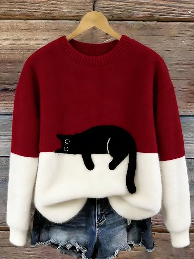 Afslappet Sweater med Kattemotiv til Damer – på model