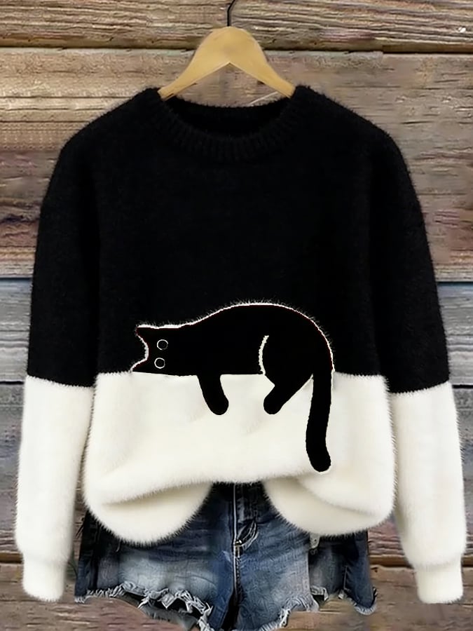 Afslappet Sweater med Kattemotiv til Damer – detaljebillede