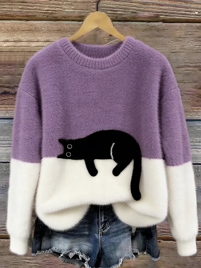 Afslappet Sweater med Kattemotiv til Damer – set bagfra