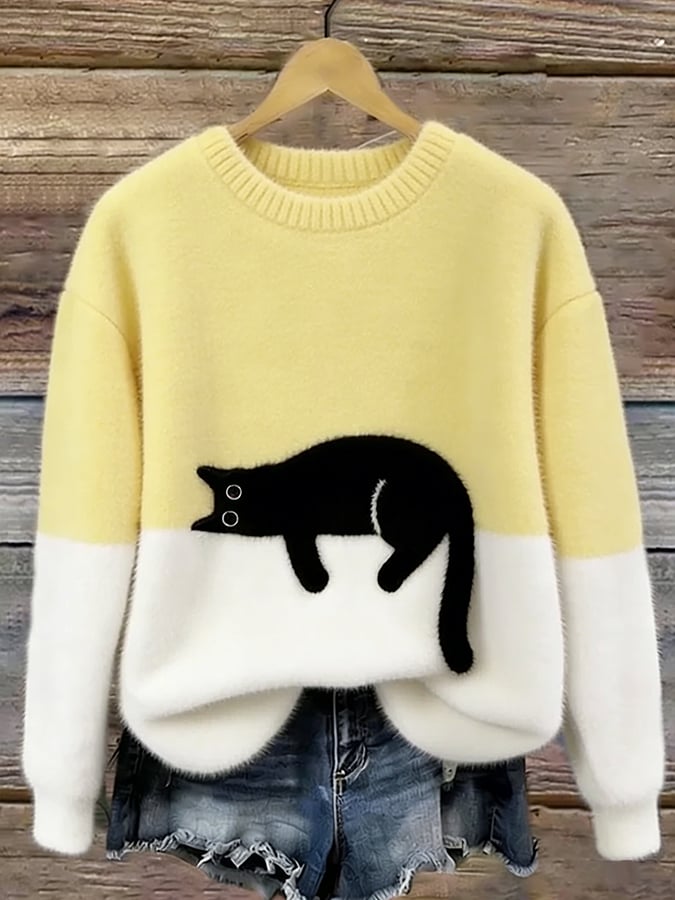 Afslappet Sweater med Kattemotiv til Damer – stofdetalje