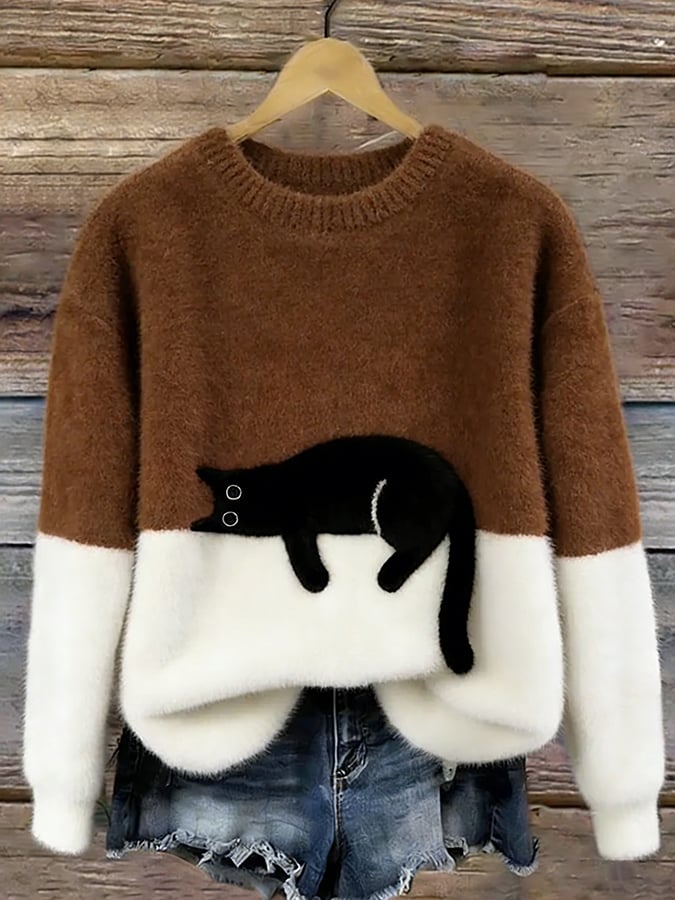 Afslappet Sweater med Kattemotiv til Damer – set forfra