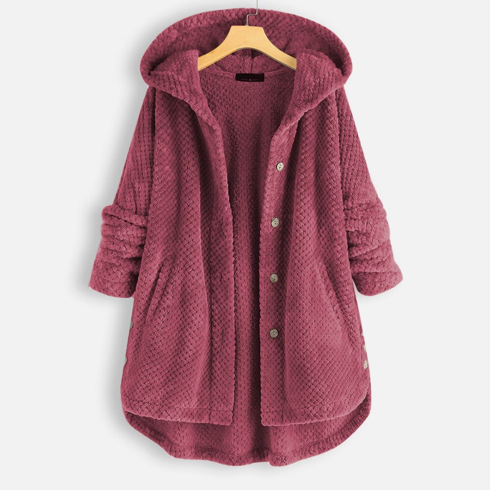 Oversized teddy jakke med hætte til damer i khaki, set forfra