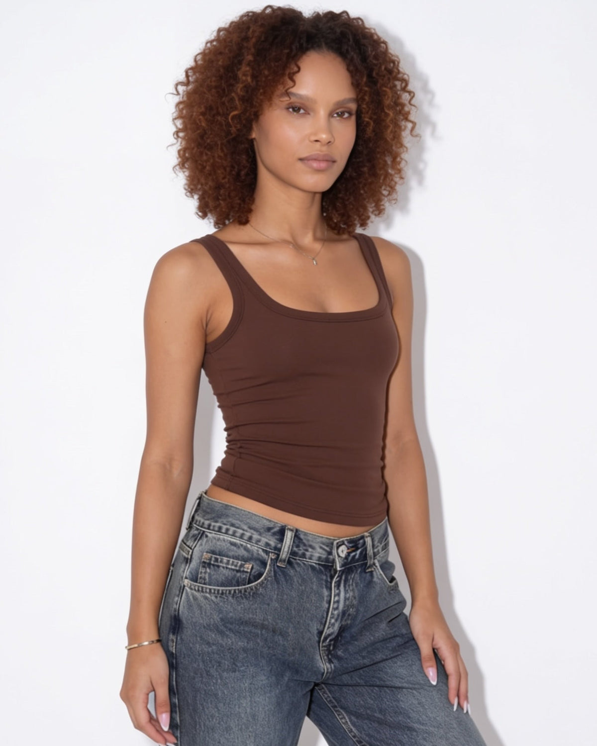 Ribbed square neck cropped tank top in Brown
