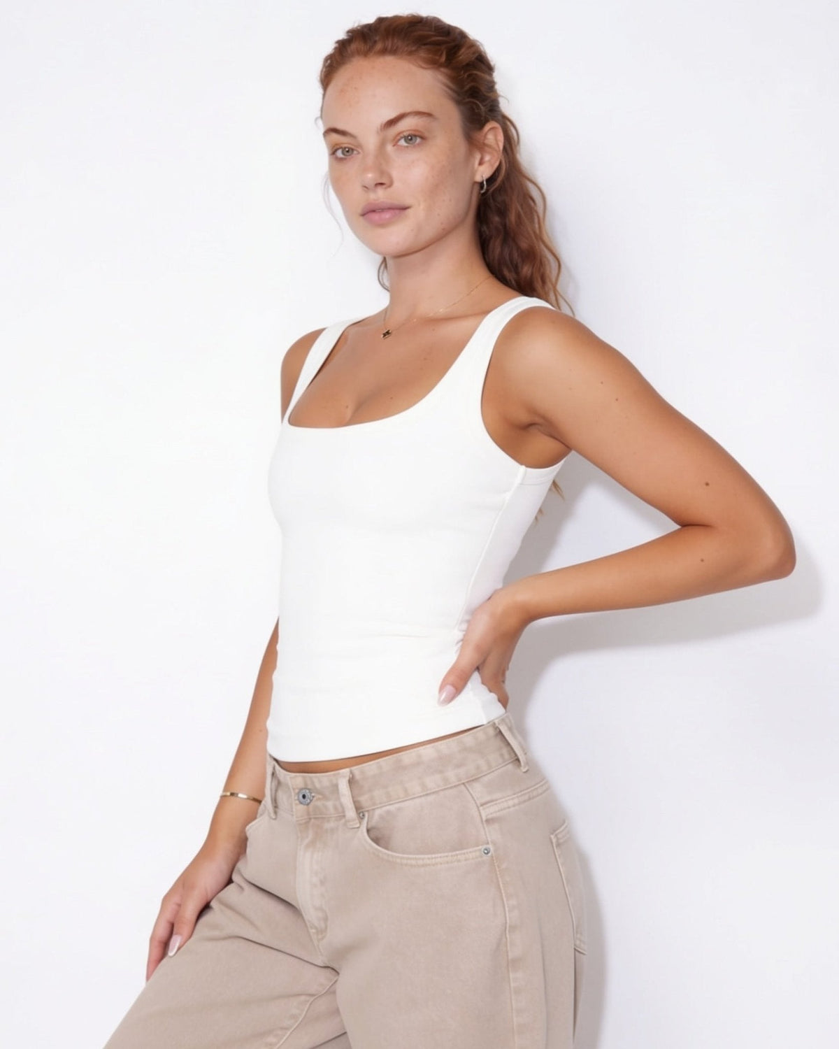 Ribbed square neck cropped tank top in White