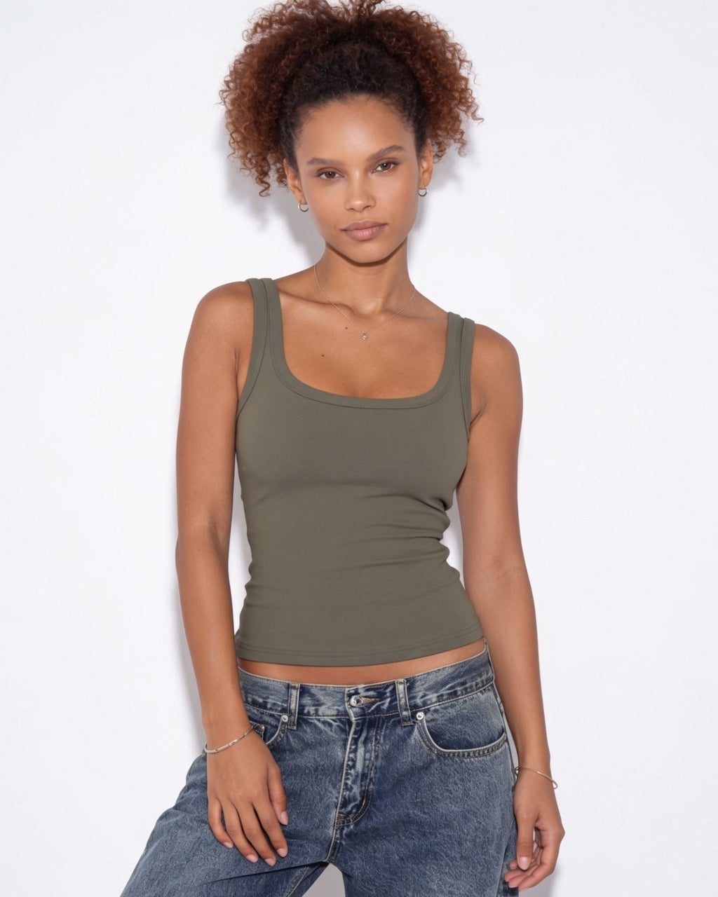 Ribbed square neck cropped tank top in Taupe
