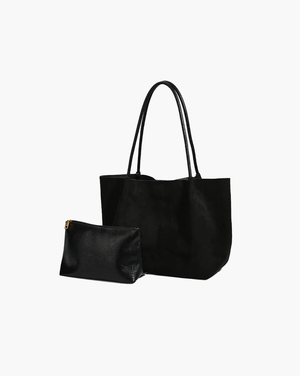Rummelig ruskinds-shopper med medfølgende pose til damer – set fra siden i farven sort