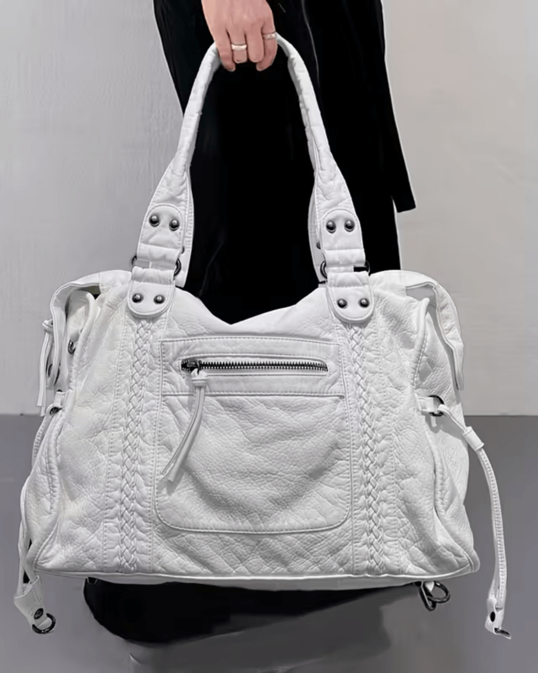 White vegan leather shoulder bag, front view