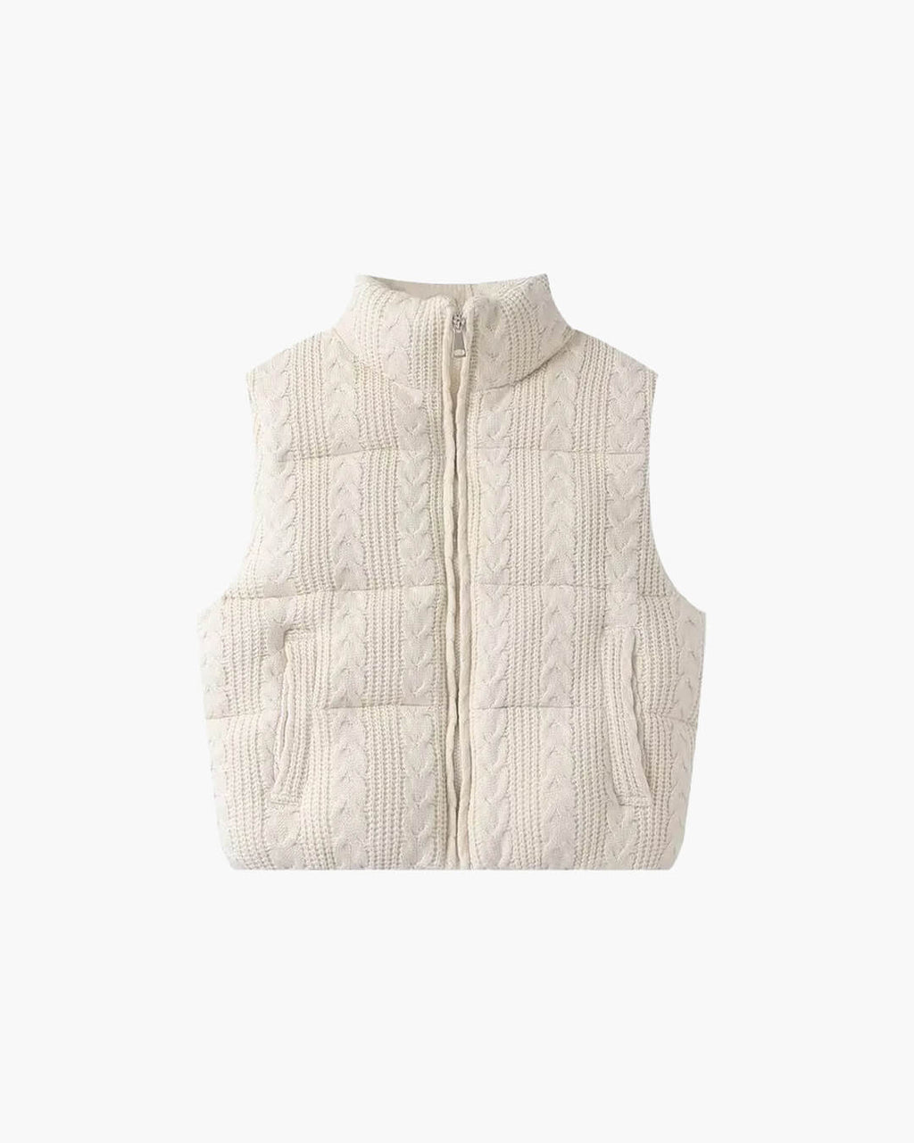 Strikket vest med lynlås til damer i beige, set forfra