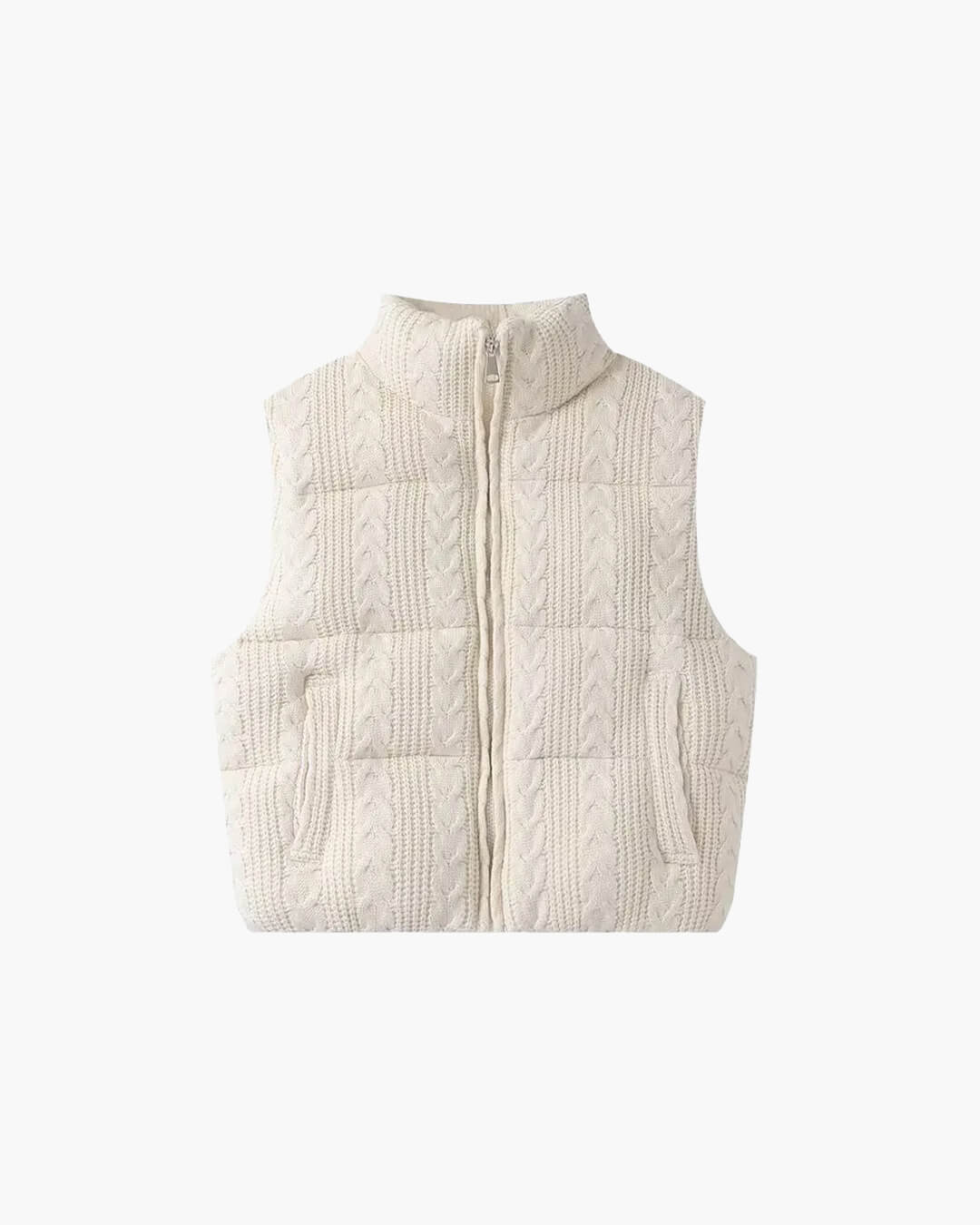 Strikket vest med lynlås til damer i beige, set forfra