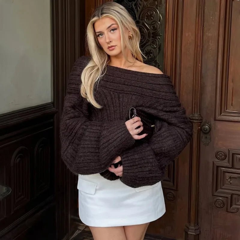 Off-shoulder strikbluse, i chokoladebrun farve, set forfra