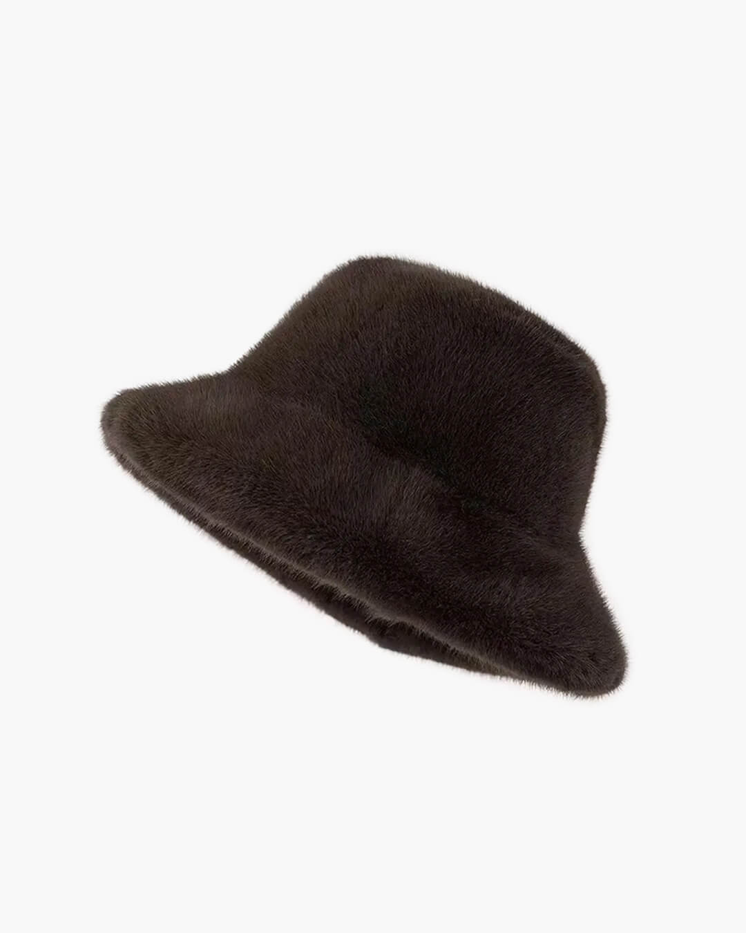 Bucket hat i kunstpels til damer i mørkebrun, set forfra