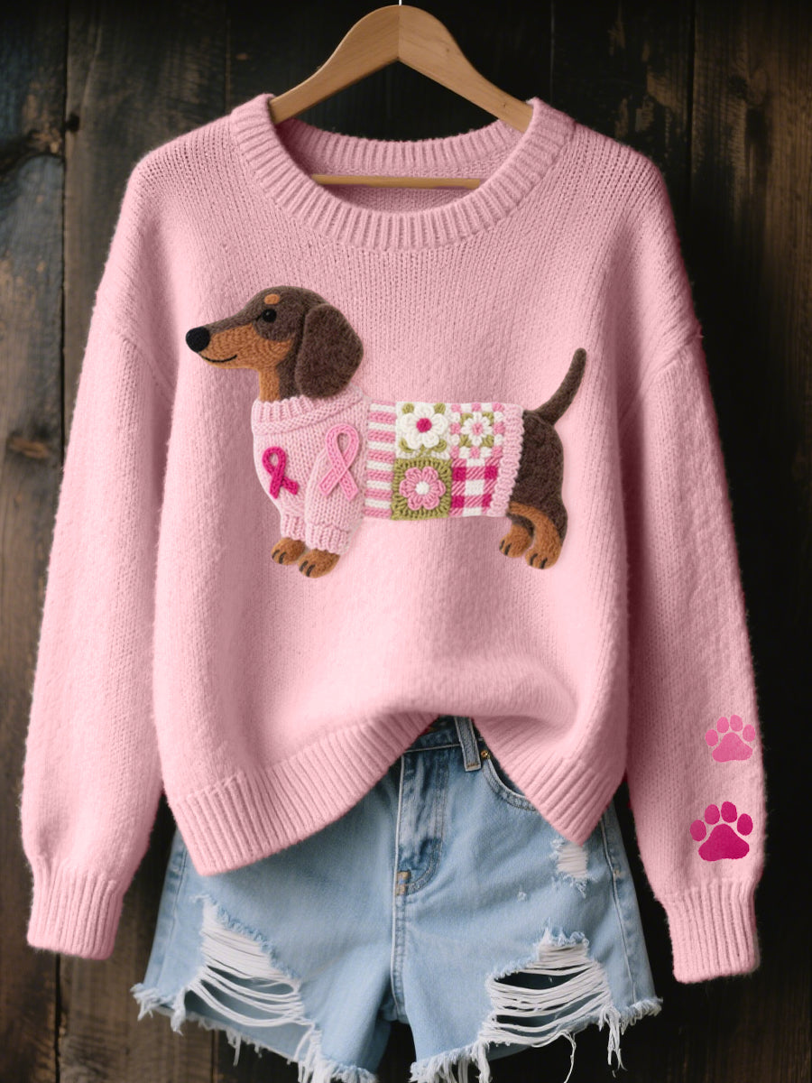Strikket Sweater med Hundemotiv i farven Pink, set forfra