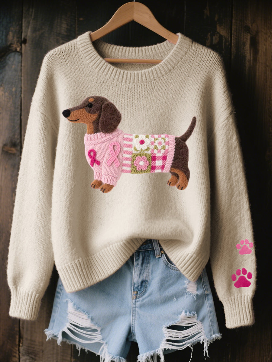 Strikket Sweater med Hundemotiv i farven Beige, detalje af lukningen
