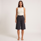 Black high-waisted tailored city shorts, full-length view