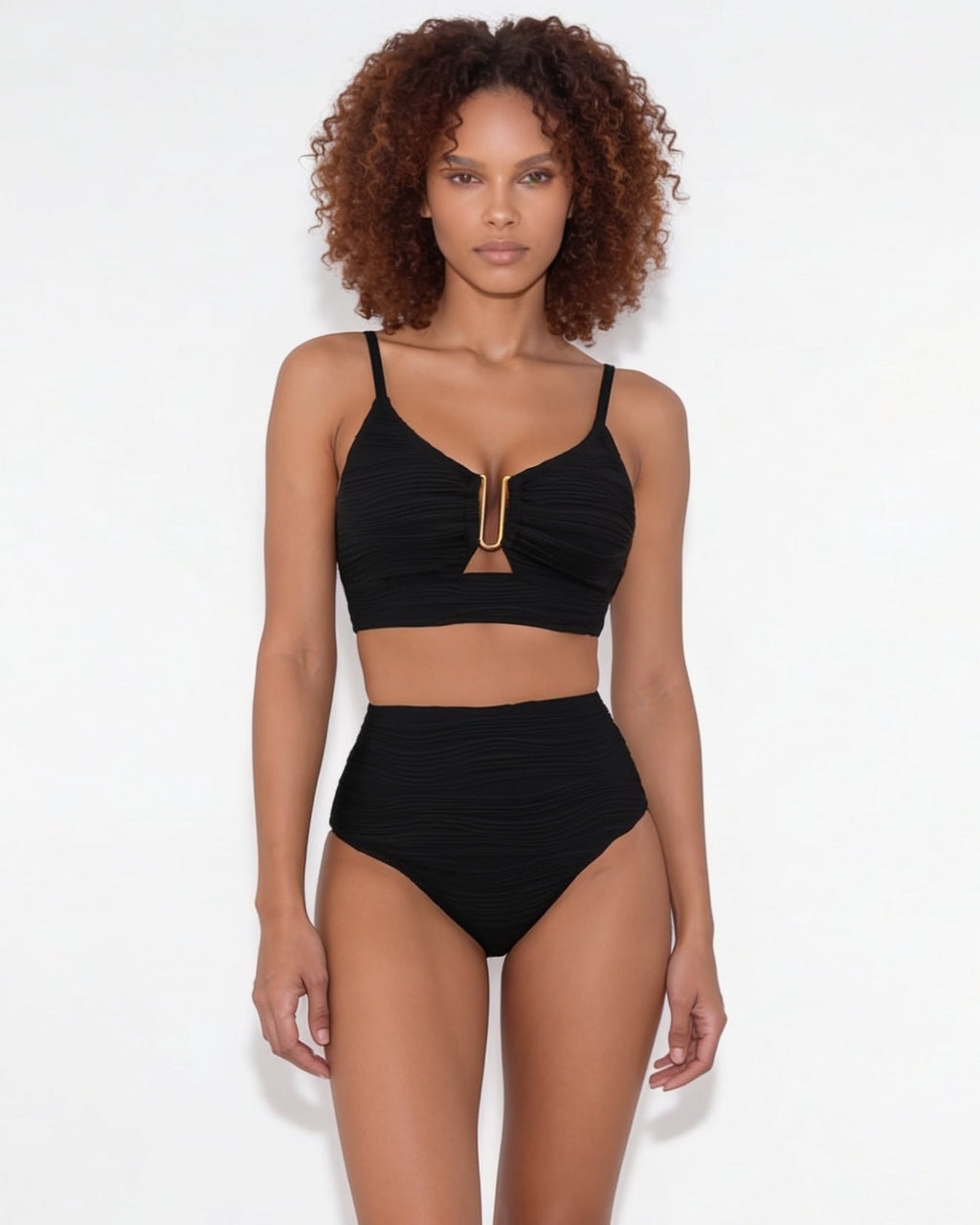 High-waisted textured bikini, model shot