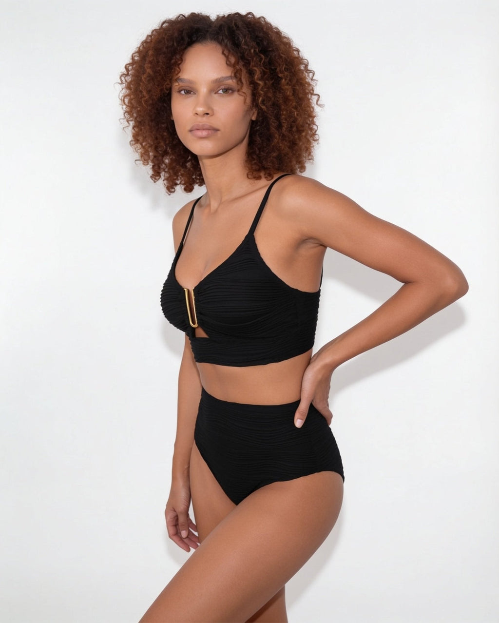 High-waisted textured bikini in Black, additional view 1