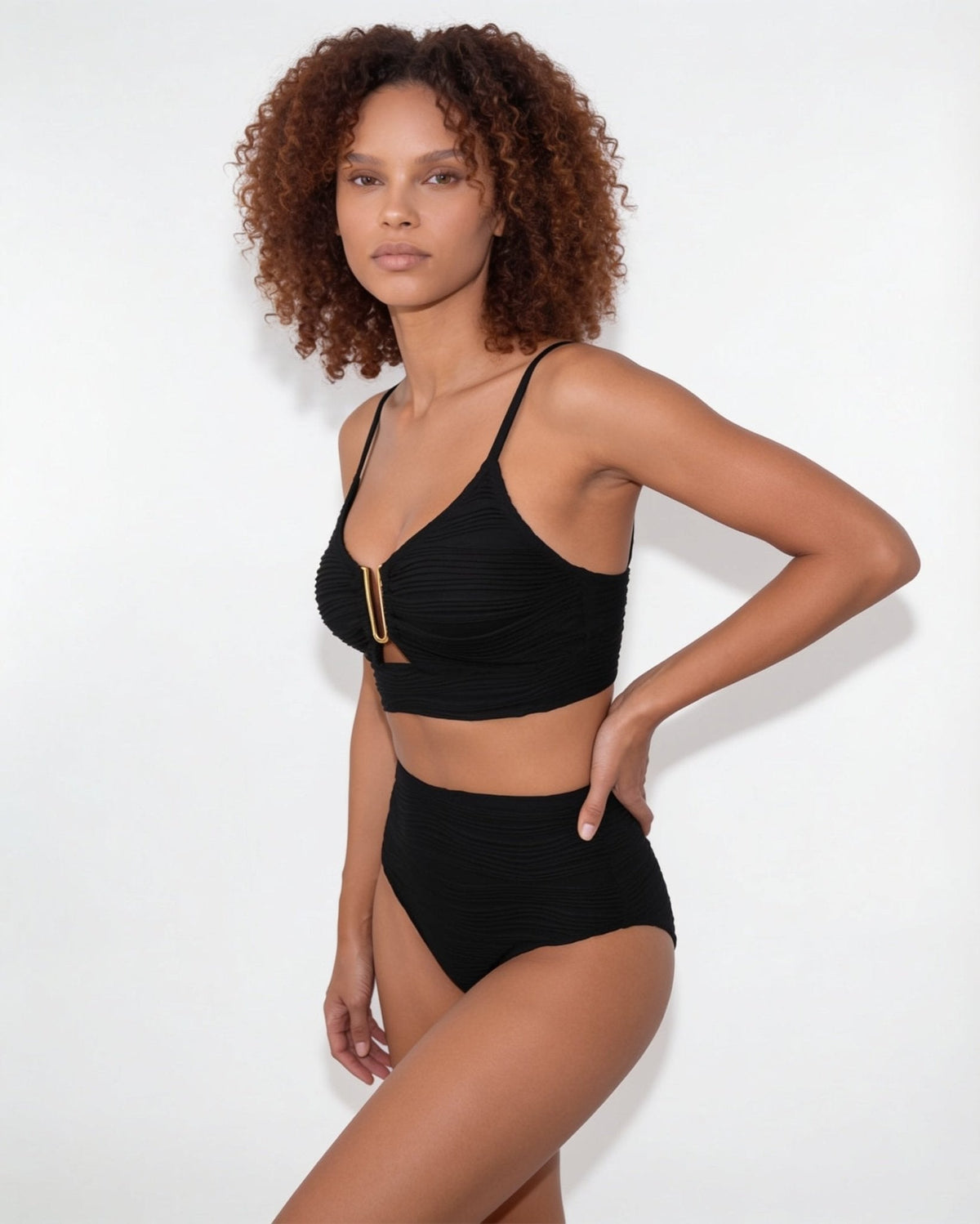 High-waisted textured bikini in Black, additional view 1