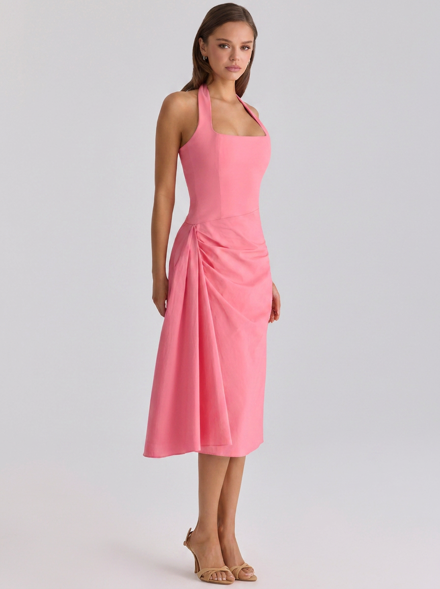 Ruched halter midi dress with front split, view 14