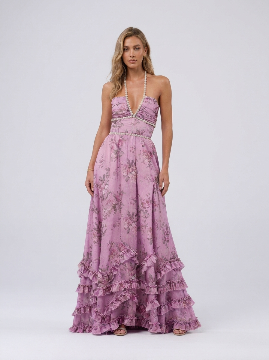 Pearl-trim floral maxi dress with side slit, view 31