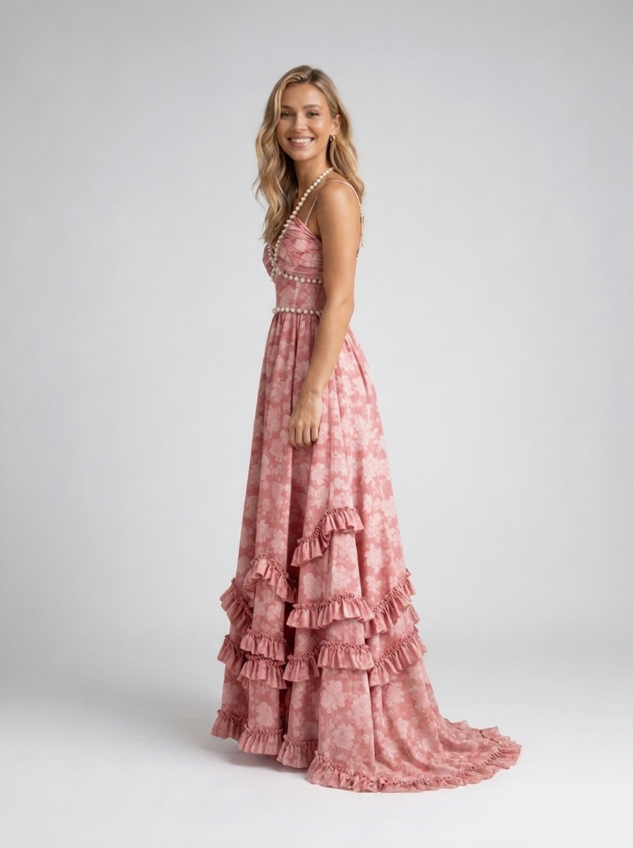 Pearl-trim floral maxi dress with side slit, view 20