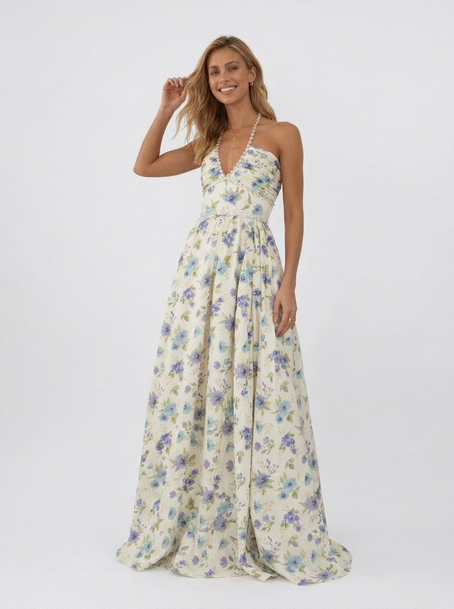 Pearl-trim floral maxi dress with side slit, view 25