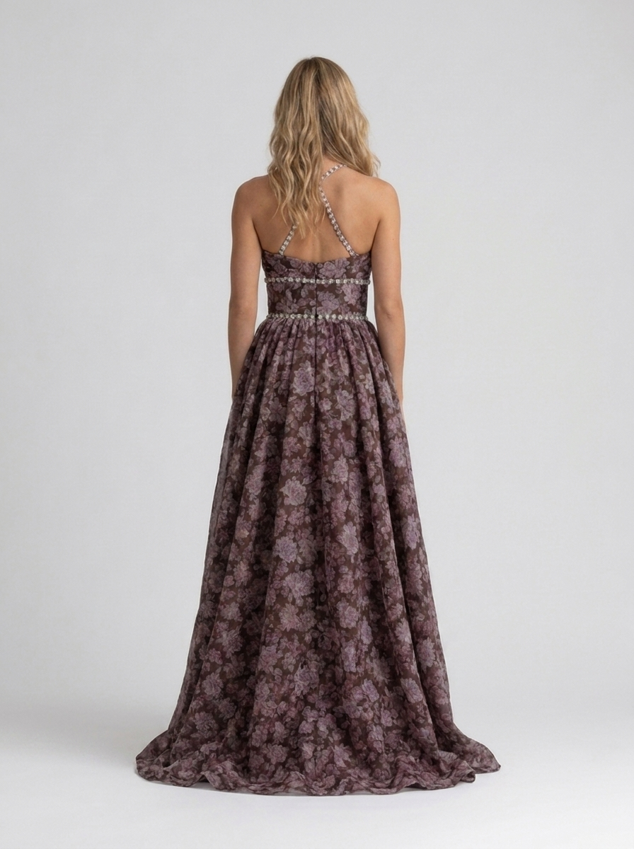 Pearl-trim floral maxi dress with side slit, view 24