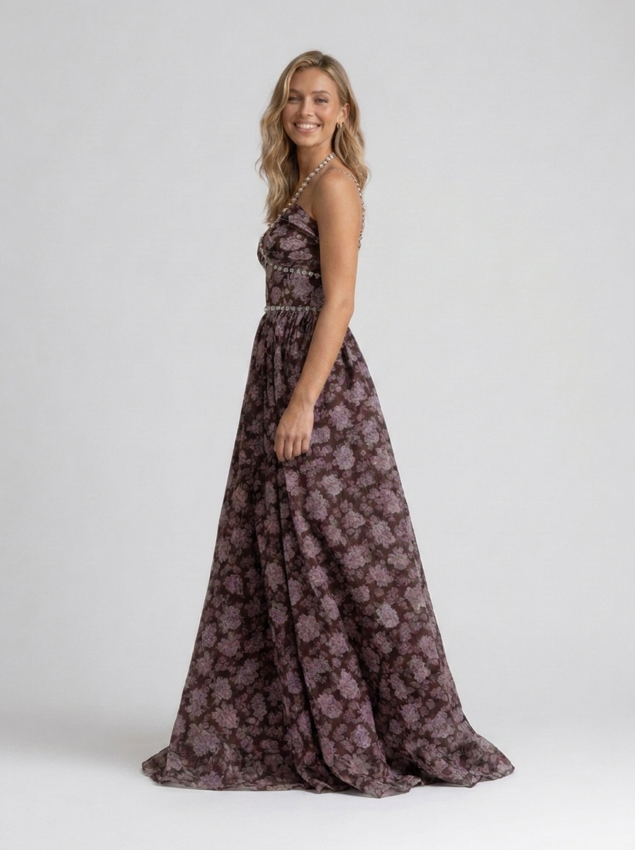 Pearl-trim floral maxi dress with side slit, view 23