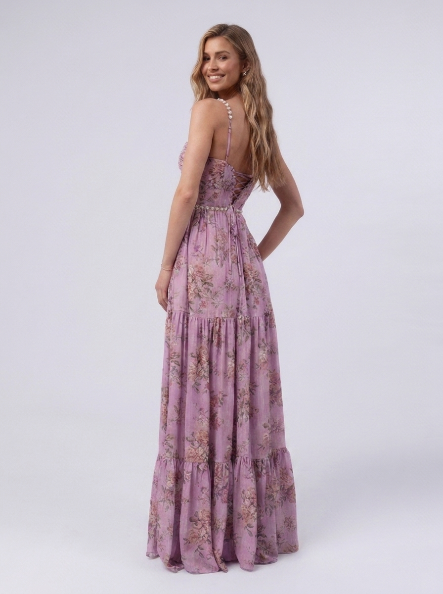 Pearl-trim floral maxi dress with side slit, view 35