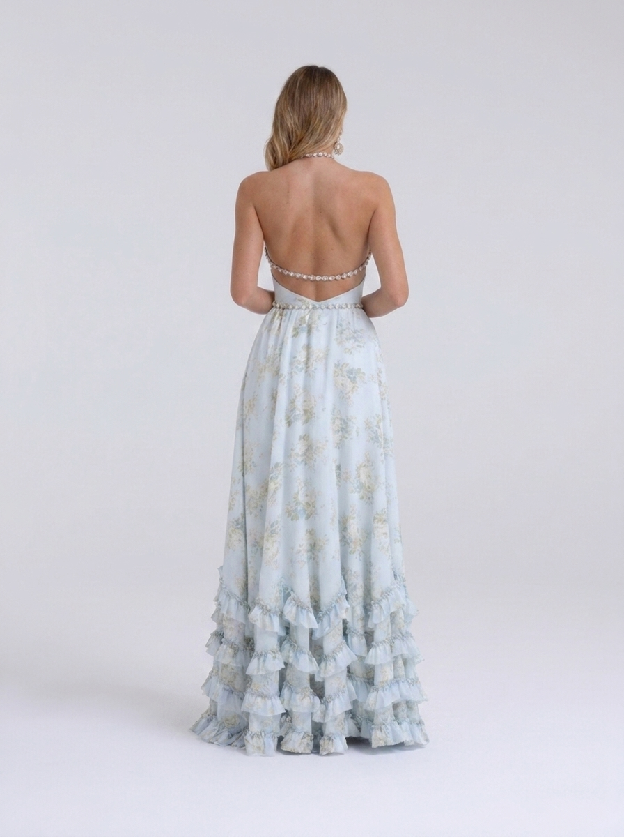 Pearl-trim floral maxi dress with side slit, view 9