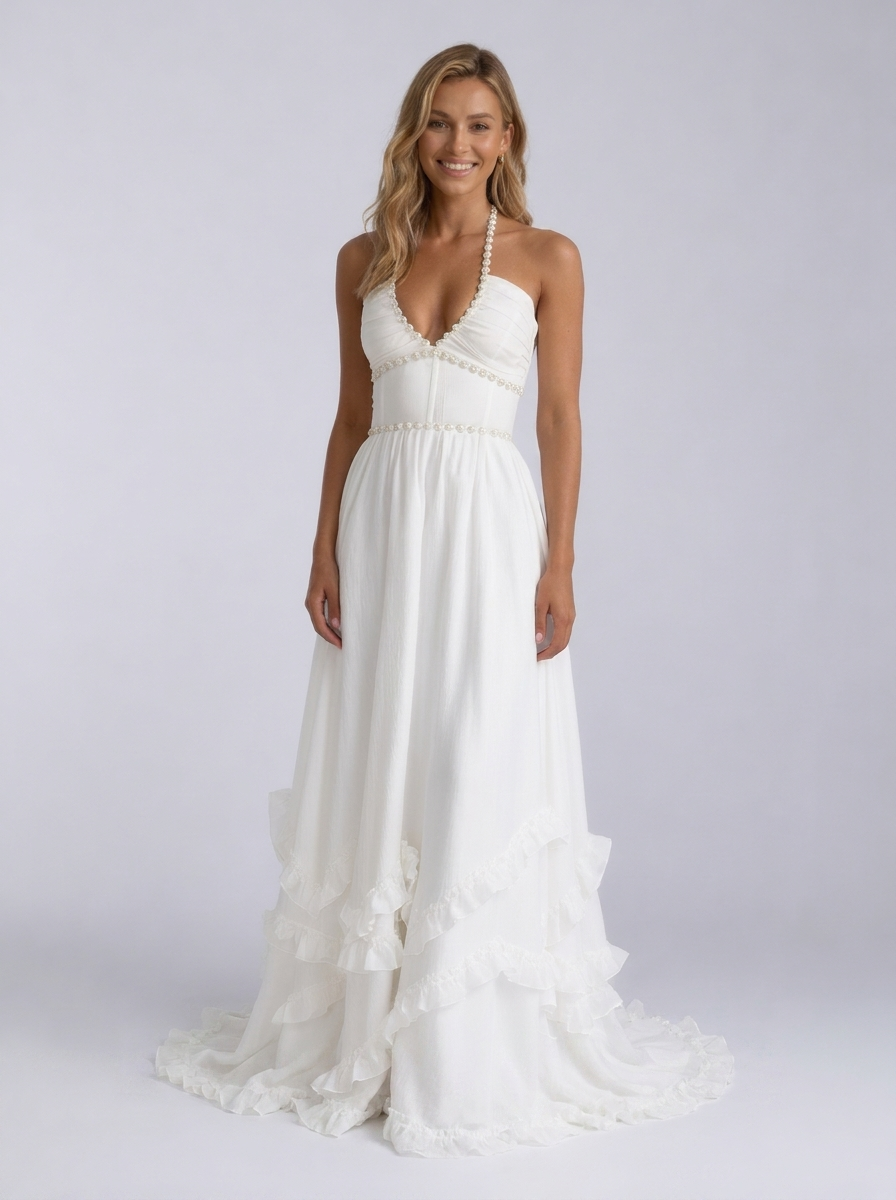 Pearl-trim floral maxi dress with side slit, view 4