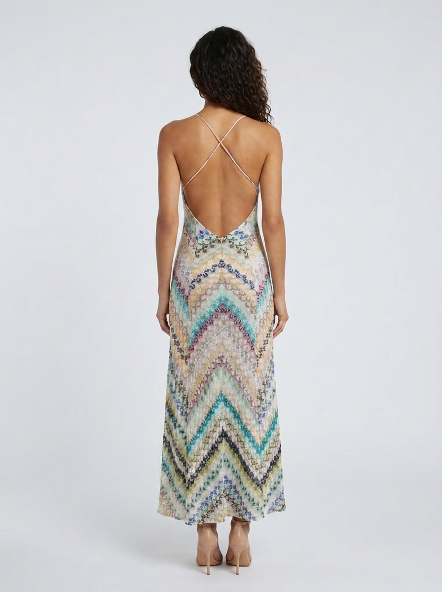 Patterned V-neck open-back maxi dress, view 6