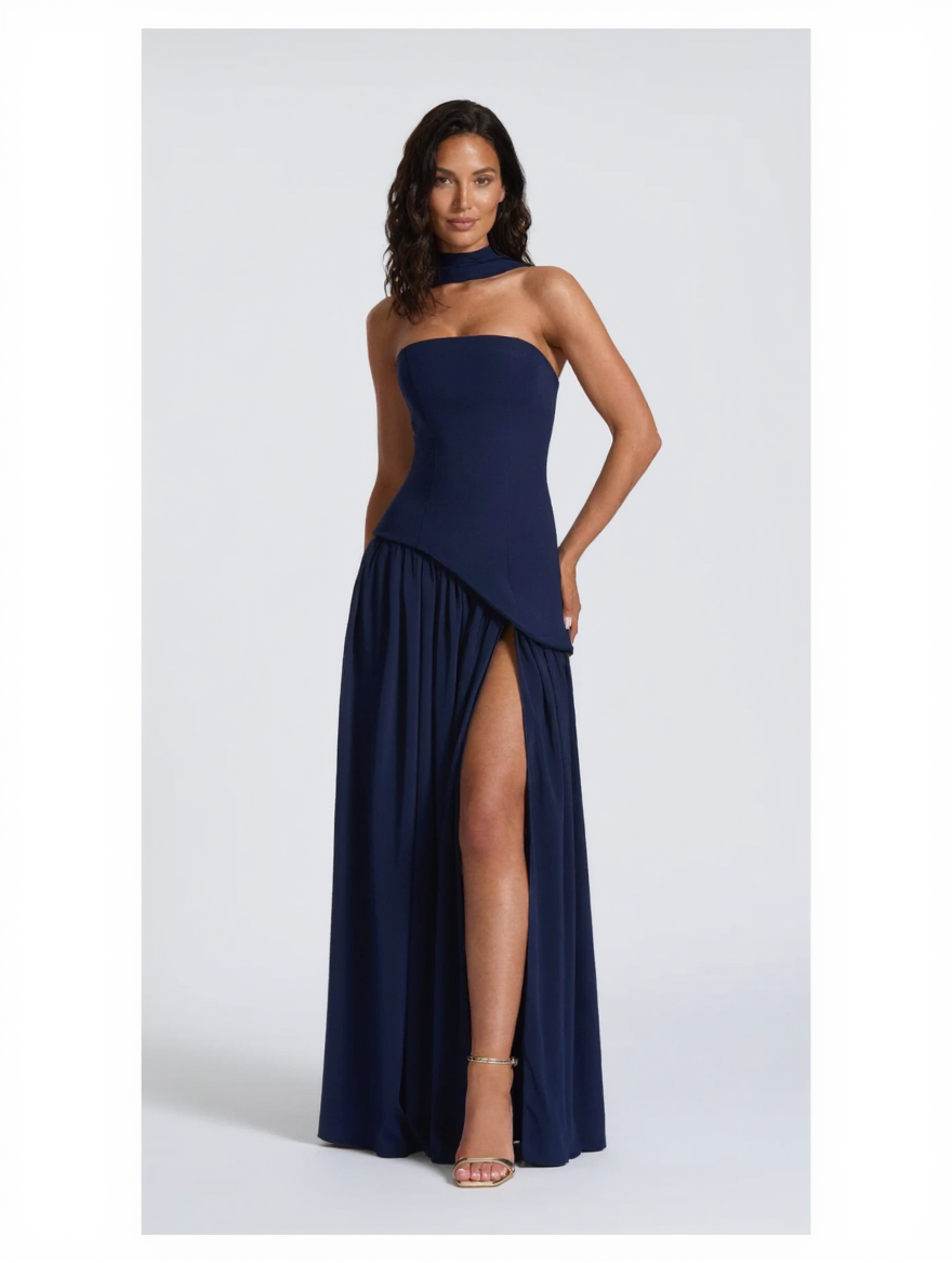 Strapless draped maxi dress with side slit, view 15