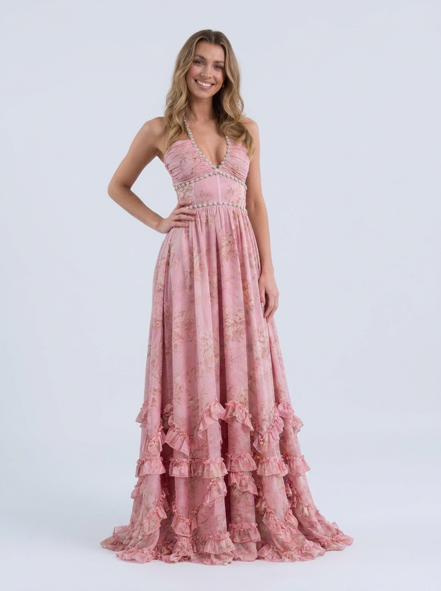 Pearl-trim floral maxi dress with side slit, view 10